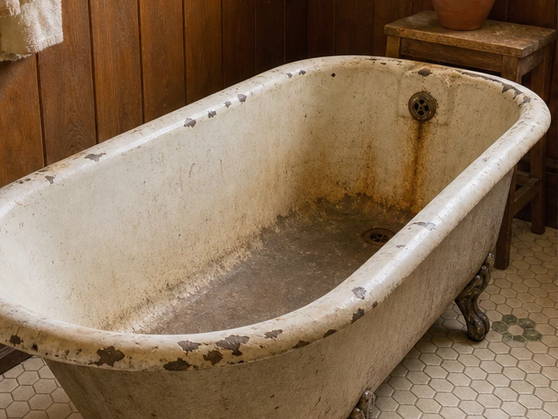 Worn 1920s clawfoot tub with rust and dull enamel in a North Berkeley home before refinishing