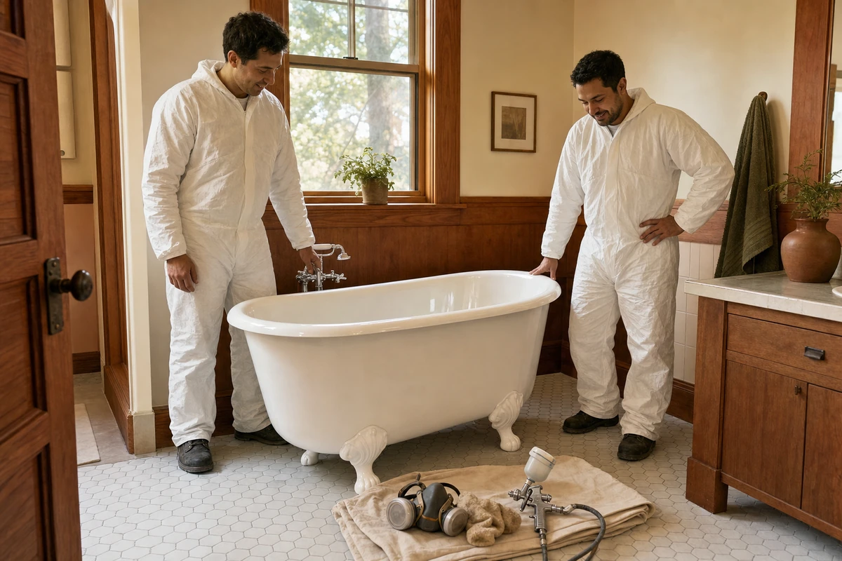 Refinishers beside a restored white clawfoot tub in a Berkeley Craftsman bathroom