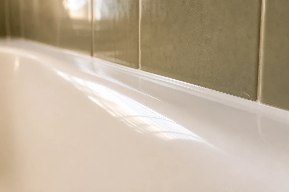 Close-up of a freshly reglazed bathtub rim with a glossy white finish in a Berkeley bathroom