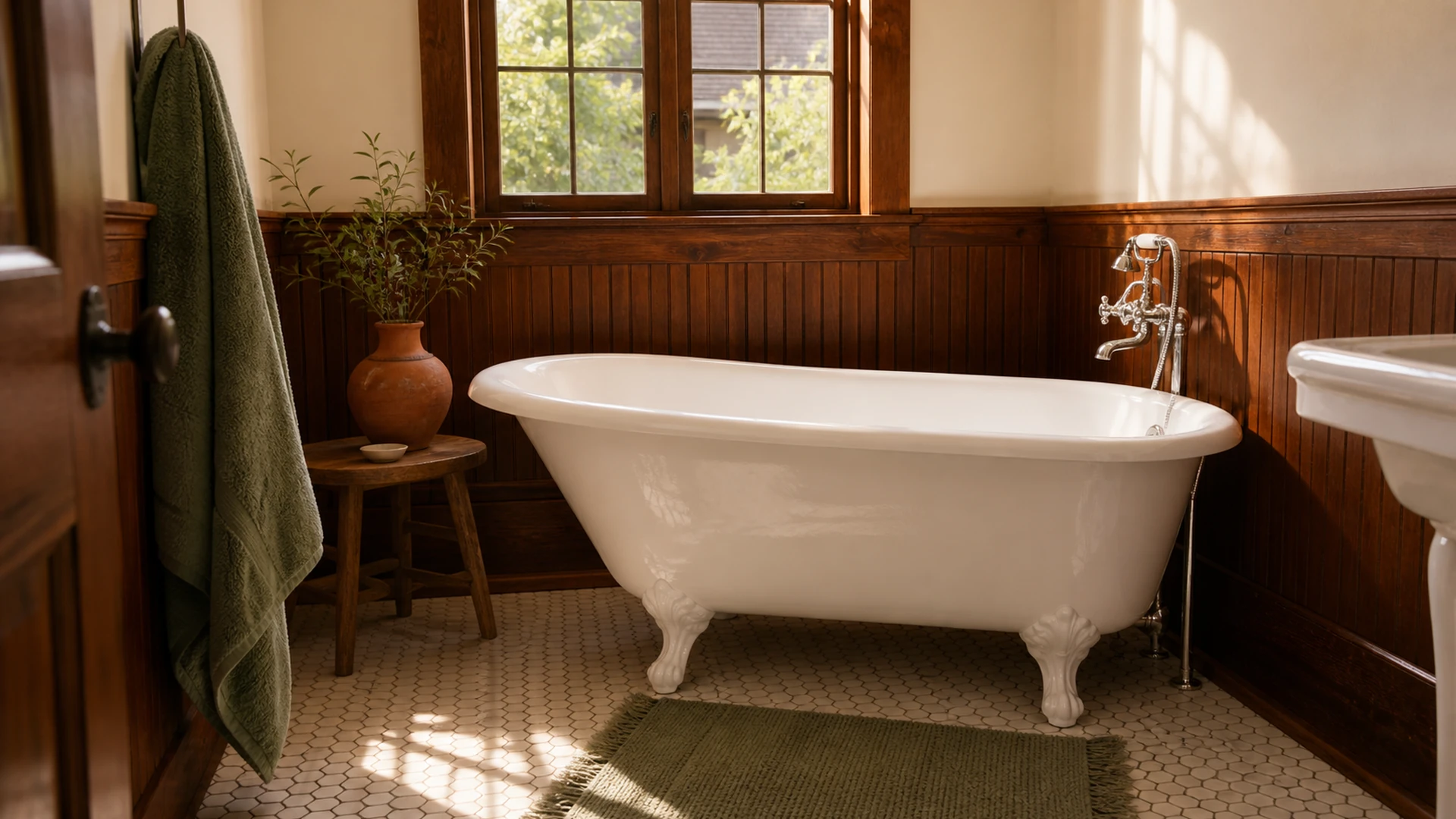 Restored clawfoot bathtub in a North Berkeley brown-shingle home with a glossy white finish