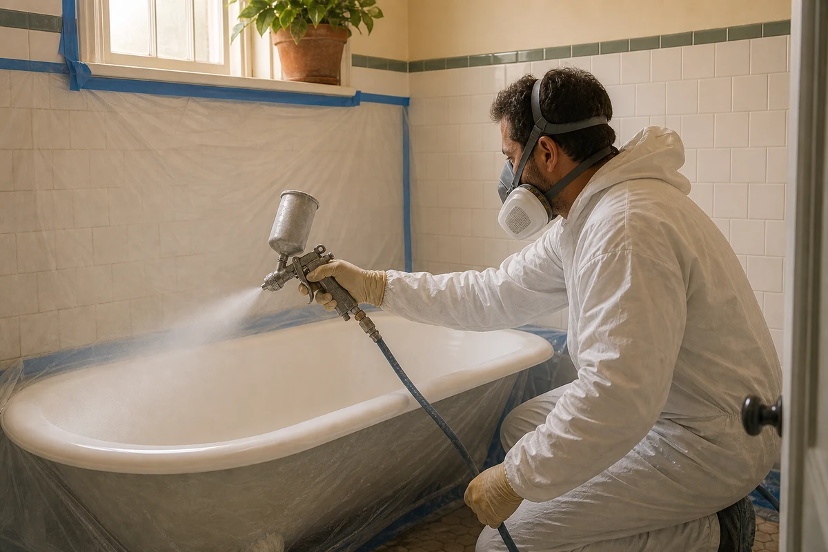 Refinisher in a respirator spraying an acrylic-urethane topcoat onto a prepped bathtub in a Berkeley bathroom