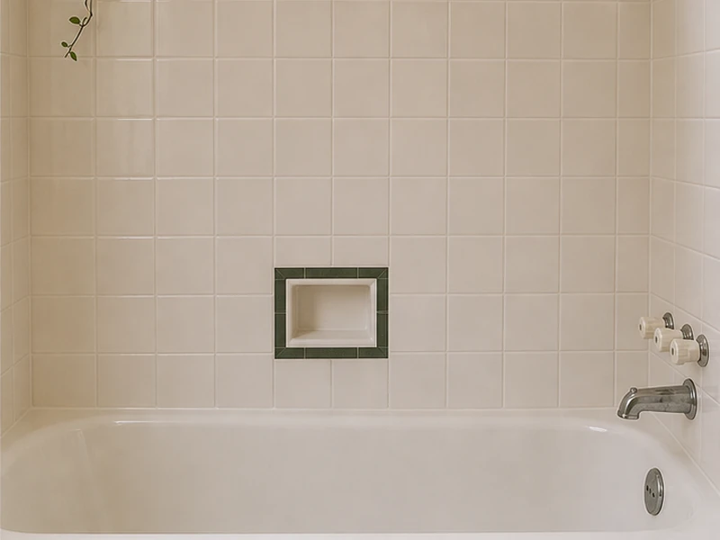 The same Thousand Oaks ceramic-tile bathroom wall reglazed to a clean warm-white with crisp grout lines, Berkeley