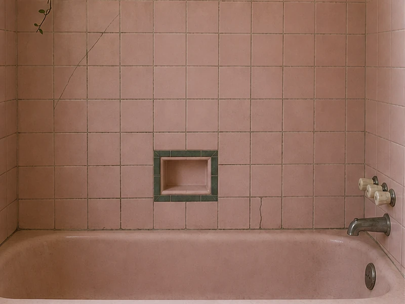 Dated pink 1950s ceramic-tile bathroom wall with darkened grout in a Thousand Oaks Berkeley home before reglazing